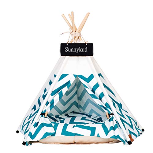 Sunnykud Tipi Zelt für Haustiere Hundezelt Katzenzelt Haustierzelte Häuser mit Kissen Abnehmbar und Waschbar Haustierbett Wegklappen Haustier Hundebett Katzenbett (S:40x40x50cm, Grün) von Sunnykud