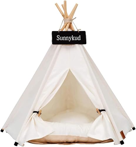 Sunnykud Tipi Zelt für Haustiere Hundezelt Katzenzelt Haustierzelte Häuser mit Kissen Abnehmbar und Waschbar Haustierbett Wegklappen Haustier Hundebett Katzenbett (L:60x60x70cm, weiß) von Sunnykud