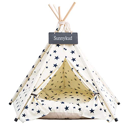 Sunnykud Tipi Zelt für Haustiere Hundezelt Katzenzelt Haustierzelte Häuser mit Kissen Abnehmbar und Waschbar Haustierbett Wegklappen Haustier Hundebett Katzenbett (L:60x60x70cm, Beige) von Sunnykud