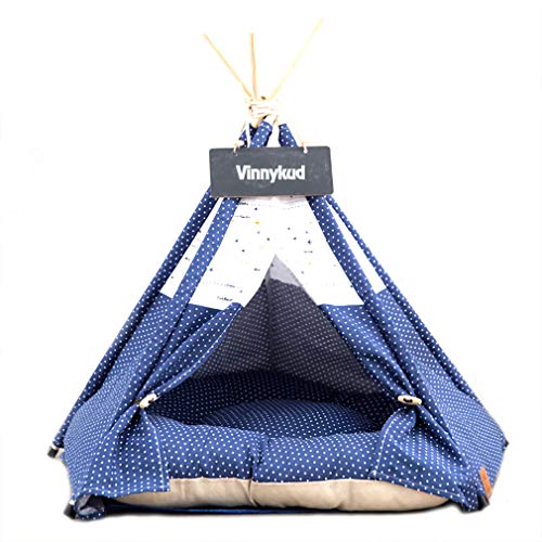 Sunnykud Tipi Zelt für Haustiere Hundezelt Katzenzelt Haustierzelte Häuser mit Kissen Abnehmbar und Waschbar Haustierbett Wegklappen Haustier Hundebett Katzenbett (S:40x40x50cm, Navy Blue dot) von Sunnykud