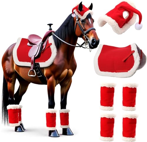 Sunnyload weihnachtskostüm pferd weihnachtsset pferd: 6 Stück Weihnachts-Schabracken Weihnachtsdekorationen Santa-Leg-Wraps mit Faux-Fell EIN fröhliches weihnachtsmütze für reithelm und Western-Schabr von Sunnyload