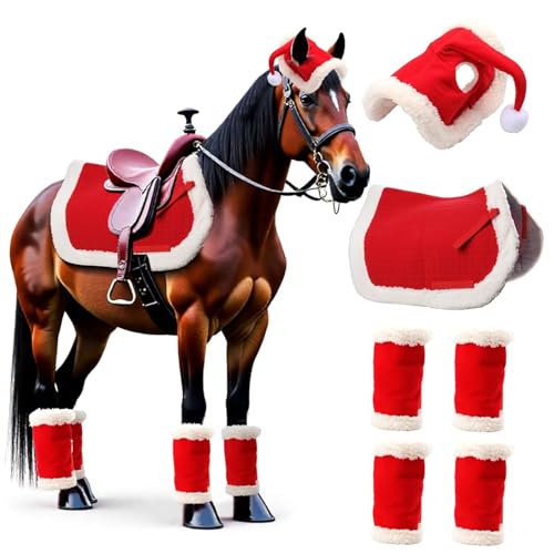 Weihnachtskostüm Pferde zubehör zum Tragen：6 Stück Weihnachts-Schabracken Weihnachtsdekorationen Santa-Leg-Wraps mit Faux-Fell EIN fröhliches weihnachtsmütze für reithelm und Western-Schabracke von Sunnyload