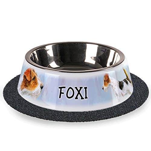 Tiernapf mit Wunschnamen 2-teilig Edelstahl inkl. Antirutschmatte Hundenapf personalisiert (Fox-Terrier-Langhaar) von Sunnywall