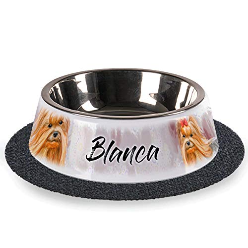 Tiernapf mit Wunschnamen 2-teilig Edelstahl inkl. Antirutschmatte Hundenapf personalisiert (Yorkshire-Terrier) von Sunnywall