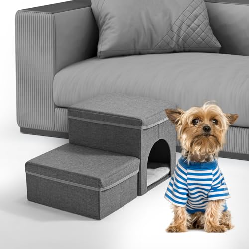Sunowl 2-stufige Faltbare Haustiertreppe, Extra Breite Hundetreppe Sofa Bett mit Stauraum und Haus, Weiche, rutschfeste Oberfläche, Hundetreppe für Kleine Hunde und Katzen von Sunowl