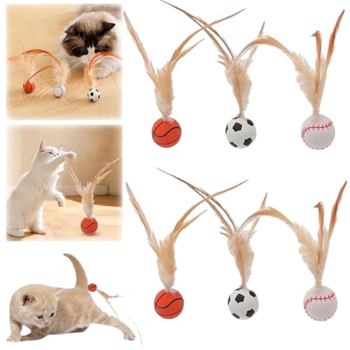 6pcs Cat Bouncy Ball with Feather,Katzen-Hüpfbälle mit Federn,Hüpfender Katzenball mit Feder,Katzenspielzeug Feder Katzenbälle,Katzenspielzeug mit Hüpfschwanz für interaktive Katzenbälle, Geschenk von Sunshine smile