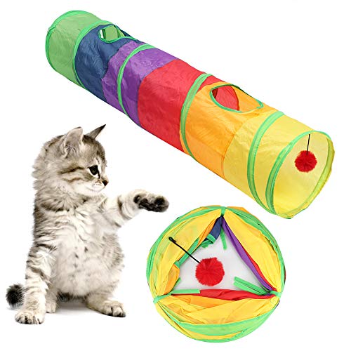 SunshineFace Pet Cat Polyester Faltbarer Mehrfarbiger Single-Pass-Tunnel mit Plüschballspielzeug von SunshineFace