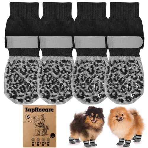 4 Stück Hundesocken Anti Rutsch,Hundesocke mit Klettverschluss Riemen Leuchtband,Hunde Schuhe Outdoor,Leopardenmuster Hundesocken Leckschutz,Hunde Schuhe Kleine Hunde,Pfotenschutz für Hunde(S) von SupRovare