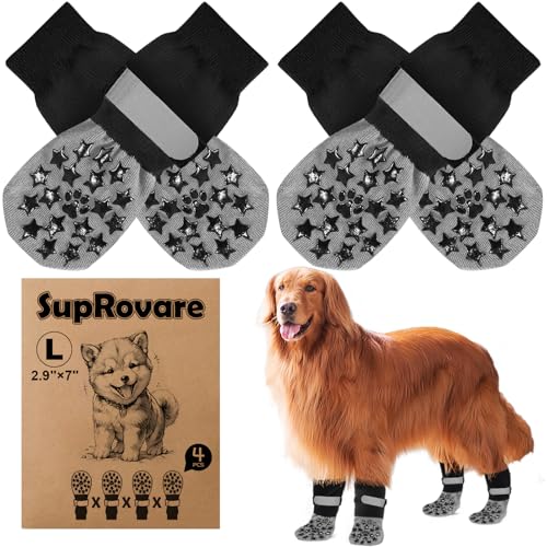 SupRovare 4 Stück Hundesocken Anti Rutsch,Doppelseitig Hundesocke mit Klettverschluss Riemen Leuchtband,Hunde Schuhe Outdoor,Sternenmuster Hundesocken Leckschutz,Hundeschuhe Winter,Hunde Hausschuhe(L) von SupRovare