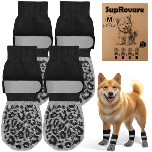 SupRovare 4 Stück Hundesocke mit Klettverschluss Riemen Leuchtband,hundesocken Anti Rutsch, Hunde Schuhe Outdoor,Leopardenmuster Hundesocken Leckschutz,Socken Hund Pfotenschutz Hund Verletzung(M) von SupRovare