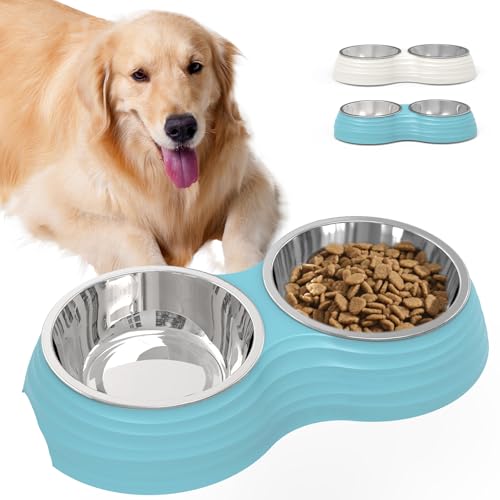 Hundenäpfe aus Edelstahl, doppelte Futter- und Wassernäpfe für Hunde, Dual-Hundenapf mit 2 mittelgroßen (400 ml*2) Schalen, rutschfeste Haustiernäpfe geeignet für Welpen, Katzen und mittelgroße von SuperDesign