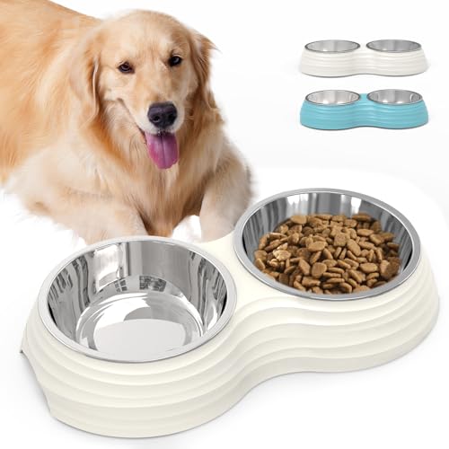 Hundenäpfe aus Edelstahl, doppelte Futter- und Wassernäpfe für Hunde, Dual-Hundenapf mit 2 mittelgroßen (400 ml x 2) Schalen, rutschfeste Haustiernäpfe geeignet für Welpen, Katzen und mittelgroße von SuperDesign
