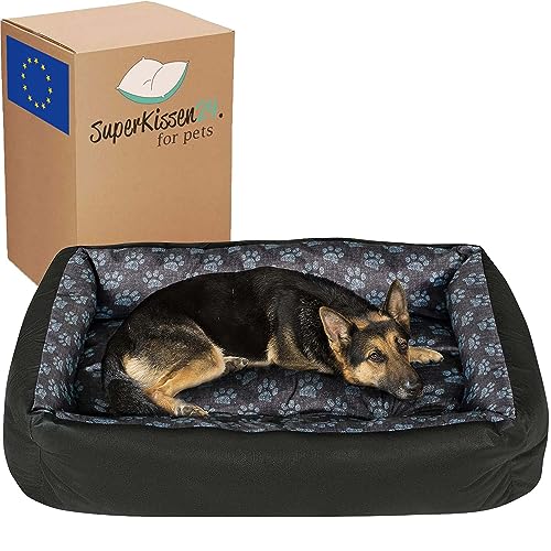 SuperKissen24. Hundebett Hundekorb Hundesofa Tierbett für Kleine, Mittlere und Grosse Hunde - Waschbar - Größe XL - Schwarz und Grau Pfoten aus Flachs von SuperKissen24.