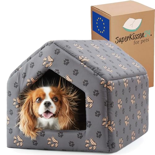 SuperKissen24. Hundehütte Indoor - Hundebett - Hundebox für Kleine Mittlere und Große Hunde und Katzen - Wasserdicht Hundehöhle - Katzenhöhle - 50x64x45 cm - Pfoten Grau von SuperKissen24.