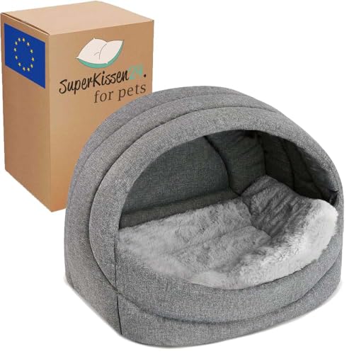 SuperKissen24. Hundehütte Indoor - Hundebett - Hundebox für Kleine Mittlere und Große Hunde und Katzen - Wasserdicht Hundehöhle - Katzenhöhle - 61x45x41 cm - Flachs Grau von SuperKissen24.