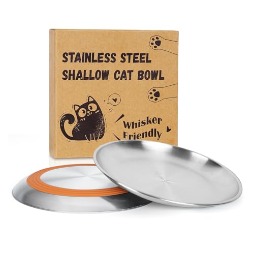 Supet Whisker Frinendly Katzenteller für Nass- und Trockenfutter, Katzennäpfe mit rutschfester Unterseite, 304 Edelstahl, flach, breit, flach, für Indoor-Kätzchen (2 Stück) von Supet