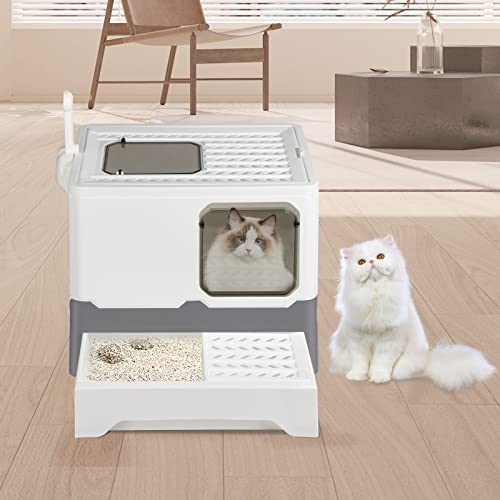 Geschlossene Katzentoilette, Großes Faltbares Katzenklo mit Zu öffnendem Dach, Abnehmbarem Tablett und Schaufel, Katzentoilette für Große und Kleine Katzen, Weniger Spuren (Grau-weiß, 45x35x38cm) von Supfine