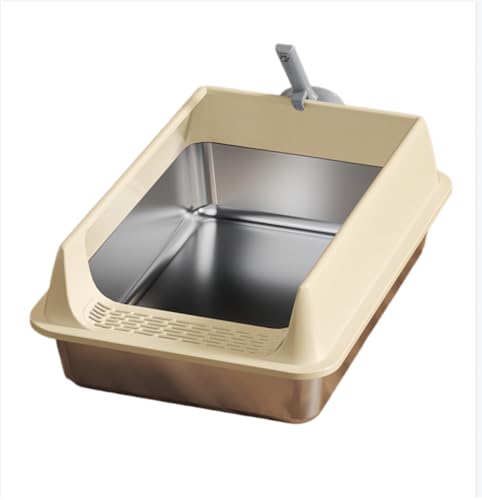 Katzenklo Edelstahl XL, Große Kapazität Katzentoilette Edelstahl mit hohem Rand, Geruchsresistent Katzenklo Groß mit Katzenstreuschaufel und Anti-Rutsch Matte (Khaki, 50x35x24cm, XL) von Supfine