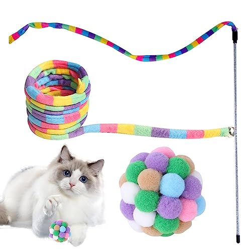 Suphyee Katze Regenbogen Zauberstab Spielzeug,Schnurspielzeug Regenbogenband Charmer Stick Katze Teaser Zauberstab - Regenbogenband-Charmer-Zauberstab, sicher, bunt, mit Kugel für Kätzchen von Suphyee