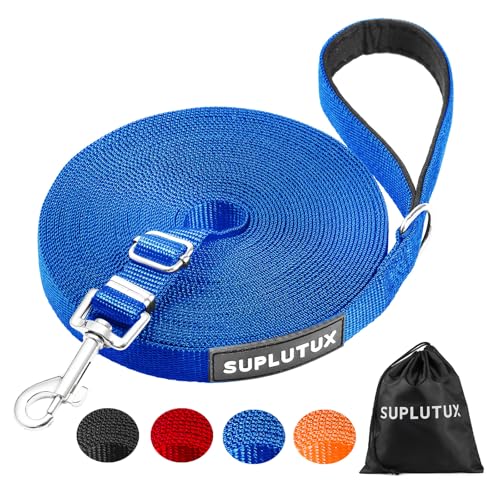 Schleppleine für Hunde, Laufleine für Hunde – Verstellbare Hundeleine mit Gepolstertem Griff inkl. Aufbewahrungstasche, Ideal für Training, Spaziergänge und Outdoor (Blau, 15m/50ft) von SuplutuX
