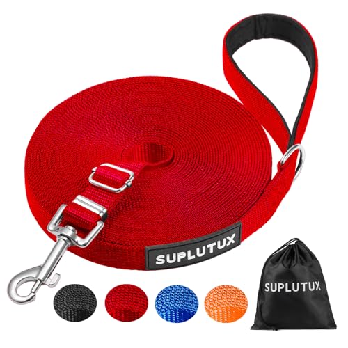Schleppleine für Hunde, Laufleine für Hunde – Verstellbare Hundeleine mit Gepolstertem Griff inkl. Aufbewahrungstasche, Ideal für Training, Spaziergänge und Outdoor (Rot, 15m/50ft) von SuplutuX