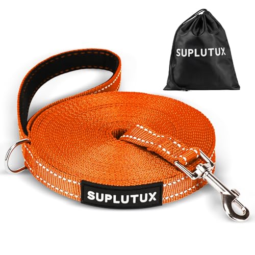 SuplutuX Schleppleine für Hunde, Laufleine für Hunde mit Reflektorstreifen, 360° Drehbarer Karabinerhaken, Leicht & Langlebig, Ideal für Rückruf und Gehorsamkeitstraining (Orange, 15m/50ft) von SuplutuX