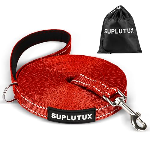 SuplutuX Schleppleine für Hunde, Laufleine für Hunde mit Reflektorstreifen, 360° Drehbarer Karabinerhaken, Leicht & Langlebig, Ideal für Rückruf und Gehorsamkeitstraining (Rot, 15m/50ft) von SuplutuX