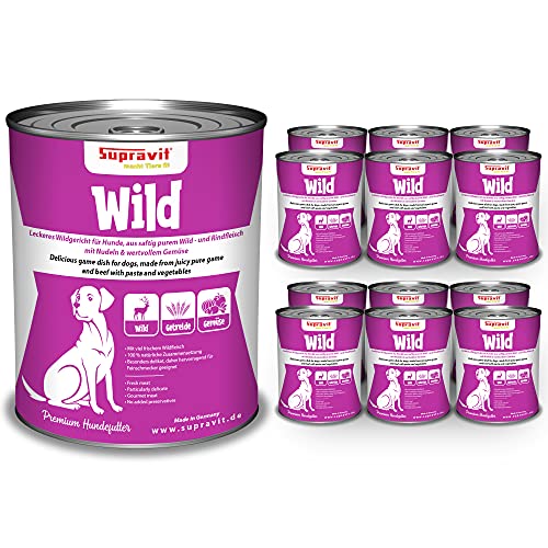 Supravit I Nassfutter für Hunde I Hundefutter Nass mit Wildfleisch, wertvollem Gemüse & Nudeln I Set 12 x 410g Dosenfutter Hund I schmackhaftes Nassfutter mit hohem Fleischanteil von Supravit