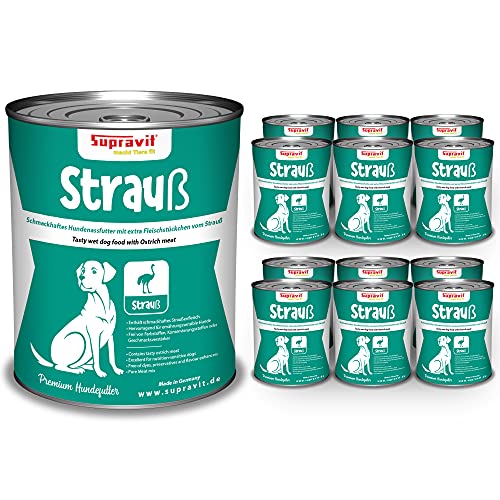 Supravit Nassfutter für Hunde I 12 x 410g Dosenfutter I Hundefutter mit schmackhaftem Strauß I getreidefreies Hundefutter für ernährungssensible Hunde von Supravit