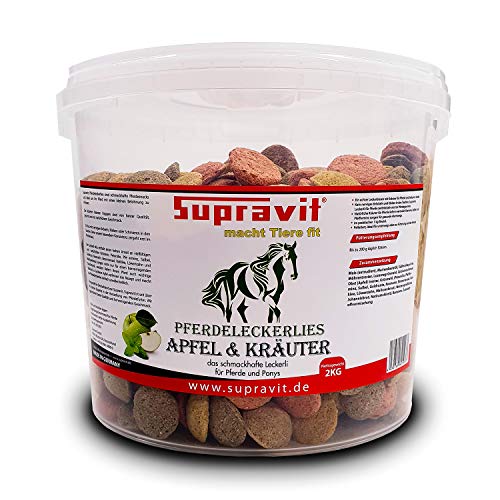 Supravit Pferde Leckerlies Apfel und Kräuter | Schmackhafte Pferdeleckerlis ohne Zucker I stärkt die Abwehrkräfte I für Pferd und Pony I Praktischer wiederverschließbarer 2kg Eimer von Supravit