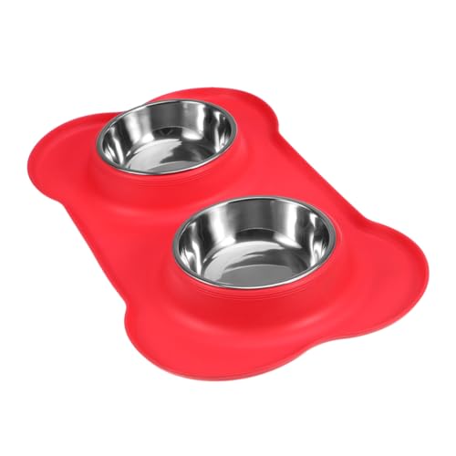 SUPVOX Doppelter Edelstahlnapf mit Rutschfester Silikonmatte Auslaufsicherer Futternapf für Hunde und Katzen Robustes Teiliges Futter und Wassernapf Spülmaschinenfest Rot von Supvox