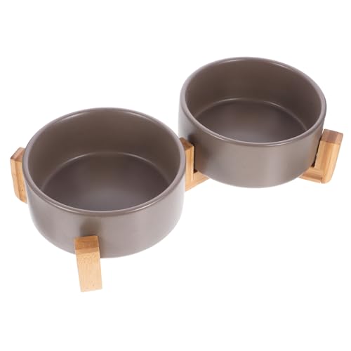 SUPVOX Keramik Doppelnapf mit Rutschfestem Holzständer Stabile Futter und Wasserschale für Katzen und Hunde Mittlere Kippsicher Praktisch zum Füttern und Trinken Gleichzeitig von Supvox