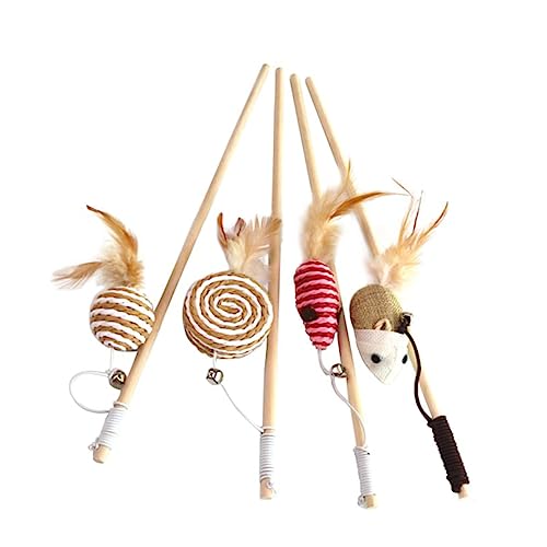 Supvox 4 Stück Teiliges Katzenspielzeug mit Holzstock und Glocke Interaktive Katzenangel mit für Aktives und Training von Kätzchen Zufälliger Stil von Supvox