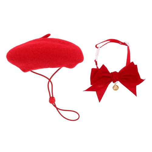 Supvox Verstellbares Katzenhalsband Set mit Roter Filz-Beret und Großer Roter Samtfliege Glocke für Sichere Positionsbestimmung Waschbares Party-Haarschmuck-Accessoire für Katzen und von Supvox