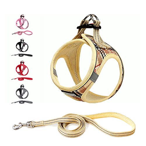Suredoo Hundegeschirr Kleine Hunde mit Leine, Anti Zug Geschirr Reflektierend Atmungsaktiv Brustgeschirr, Welpengeschirr für Kleine Hunde (Beige, XL, Brust: 46-53cm) von Suredoo