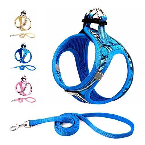 Suredoo Hundegeschirr Kleine Hunde mit Leine, Anti Zug Geschirr Reflektierend Atmungsaktiv Brustgeschirr, Welpengeschirr für Kleine Hunde (Blau Kariert, XL, Brust: 46-53cm) von Suredoo
