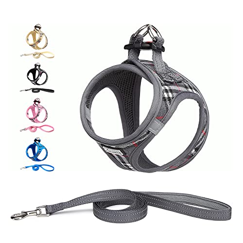 Suredoo Hundegeschirr Kleine Hunde mit Leine, Anti Zug Geschirr Reflektierend Atmungsaktiv Brustgeschirr, Welpengeschirr für Kleine Hunde (Grau Kariert, XS, Brust: 25-28cm) von Suredoo