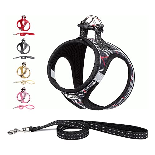 Suredoo Hundegeschirr Kleine Hunde mit Leine, Anti Zug Geschirr Reflektierend Atmungsaktiv Brustgeschirr, Welpengeschirr für Kleine Hunde (Schwarz Kariert, XXS, Brust: 22-24cm) von Suredoo