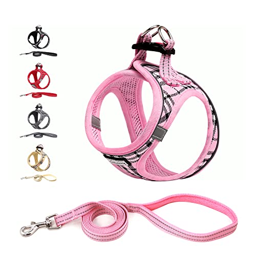 Suredoo Hundegeschirr Kleine Hunde mit Leine, Anti Zug Geschirr Reflektierend Atmungsaktiv Brustgeschirr, Welpengeschirr für Kleine Hunde (Rosa Kariert, M, Brust: 34-39cm) von Suredoo