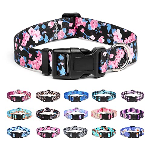 Suredoo Hundehalsband Verstellbares, Weich & Komfort Nylon Hunde Halsband für Kleine Mittlere Große Hunde Welpen Katzen (L, Rosa Blaue Blume) von Suredoo