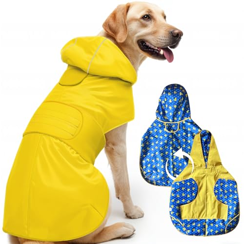 Hunderegenmantel - Beidseitig Tragbar Wasserdichter Hundemantel mit Kapuze und Reflektoren für trockene,sichere Gassigänge, den Hundespielplatz und den Urlaub mit Hund (M - Gelb) von Surmounty