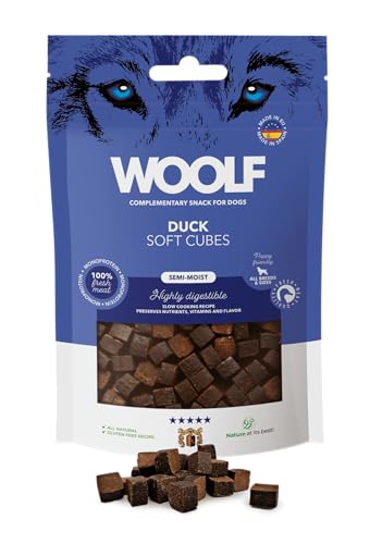 WOOLF Soft Cubes - Ergänzende Snacks für Hunde Halbfeuchte und glutenfreie Hundeleckerli mit natürlichen Inhaltsstoffen Mono-Protein-Formel Für Hunde Aller Größen und Welpen geeignet (Ente, 100g) von Woolf