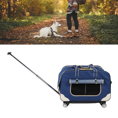 SustVita Rollbare Transportbox für Haustiere, Faltbare Transportbox für Katzen und Hunde mit abnehmbaren Rädern und atmungsaktivem Netz für bequemes Reisen, passend für Haustiere (Blau) von SustVita