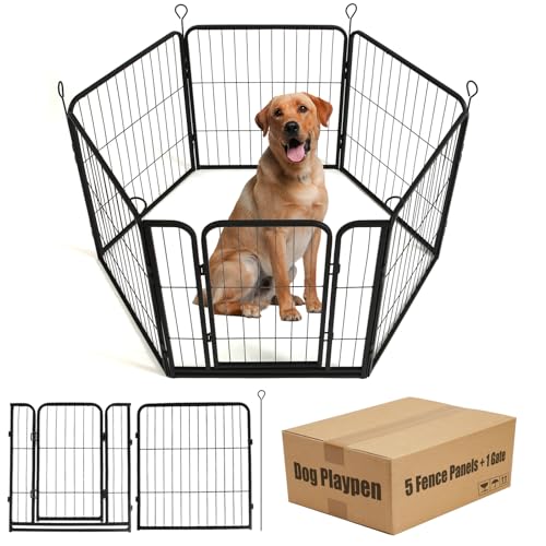 Hunde-Laufstall, 61 cm (H), Haustierzaun, Outdoor, für Wohnmobil, Camping, Gartenzaun, Tierfass für Hof, insgesamt 6 Paneele mit Tor, 3 m (L) schwarzes Metall, temporärer Zaun von Susuramon