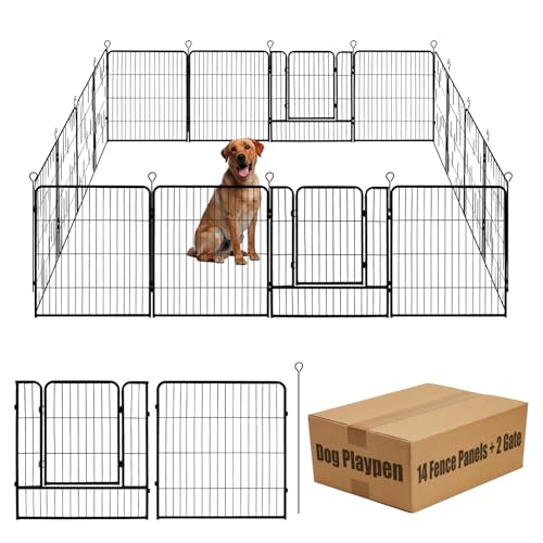 Laufgitter für Hunde, 81,3 cm (H), Haustierzaun, Outdoor, für Wohnmobil, Camping, Gartenzaun, Tierfass für Hof, insgesamt 16 Paneele mit Tor, 100 cm (L) schwarzes Metall, temporärer Zaun von Susuramon
