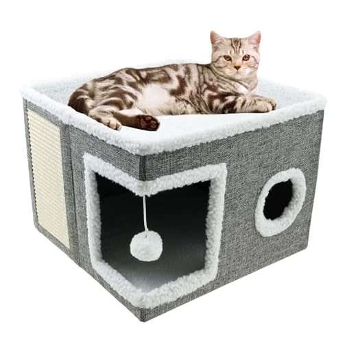 Katzenhöhle 2-stöckiges faltbares Katzenhaus mit Kratzbrett, 41x41x32cm Katzenbetten Gemütliche Plüsch-Katzenhöhlen für Katzen, kleine Hunde, Welpen und kleine Haustiere von Sutowe