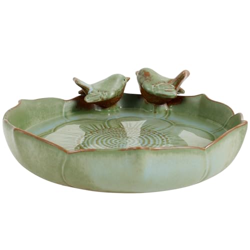 Vogeltränke Winterfest Rund 24 cm, Noble Keramik Glasiert, Vogelbad Garten mit 2 Deko Vögel, Vintage Vogeltränke Garten für Outdoors Terrasse Balkon und Rasen von Sutowe