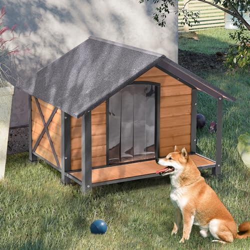 Suumerpety Outdoor-Hundehütte, wetterfestes Holz-Hundehaus für mittelgroße bis große Hunde, Eisenrahmen, Indoor-Outdoor-Hundehütte, Haustier-warmes Haus im Winter mit großer Veranda Suumerpety Outdoor-Hundehütte, wetterfestes Holz-Hundehaus für mittelgroße bis große Hunde, Eisenrahmen, Indoor-Outdoor-Hundehütte, Haustier-warmes Haus im Winter mit großer Veranda von Suumerpety