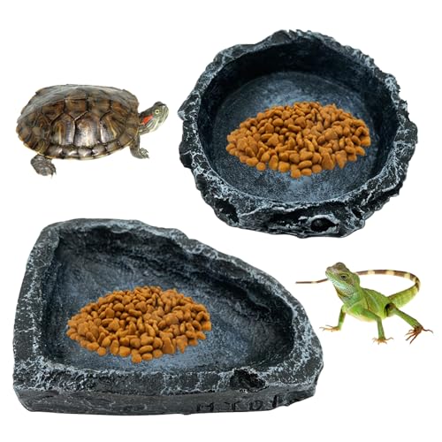 Reptilien Fütterungsgericht 2pcs steinartig 2 Form Harz Reptile Wasserschale bruchresistente dekorative Reptilienschale für Echsenfrog Frog Gecko Tortoise Reptile Gericht, Reptilien-Tank-Accessoires von Suxdlan