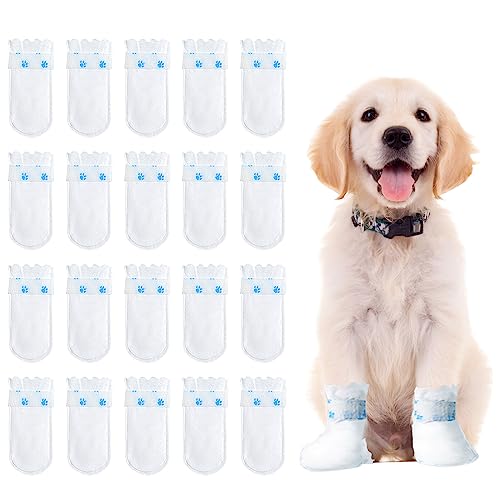 Einweg-Hundestiefel für Pfotenschutz, 20 Stück wasserdichte Haustierschuhe mit verstellbarer selbstklebender Bandage, Hunde-Einweg-Fußabdeckungen für Outdoor & Indoor Walking (Medium) von Suxgumoe
